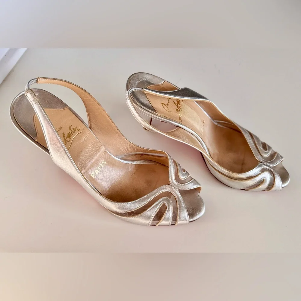 CHRISTIAN LOUBOUTIN 3” Silver Leather Slingback Sandals High Heels Women’s Shoes